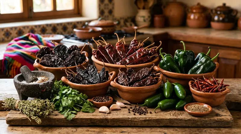 Imagen principal de Guía de Chiles Mexicanos: Equivalencias de Frescos a Secos, Picor y Usos Culinarios